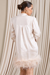Ivory Satin Shirt Mini Dress With Feather Trim